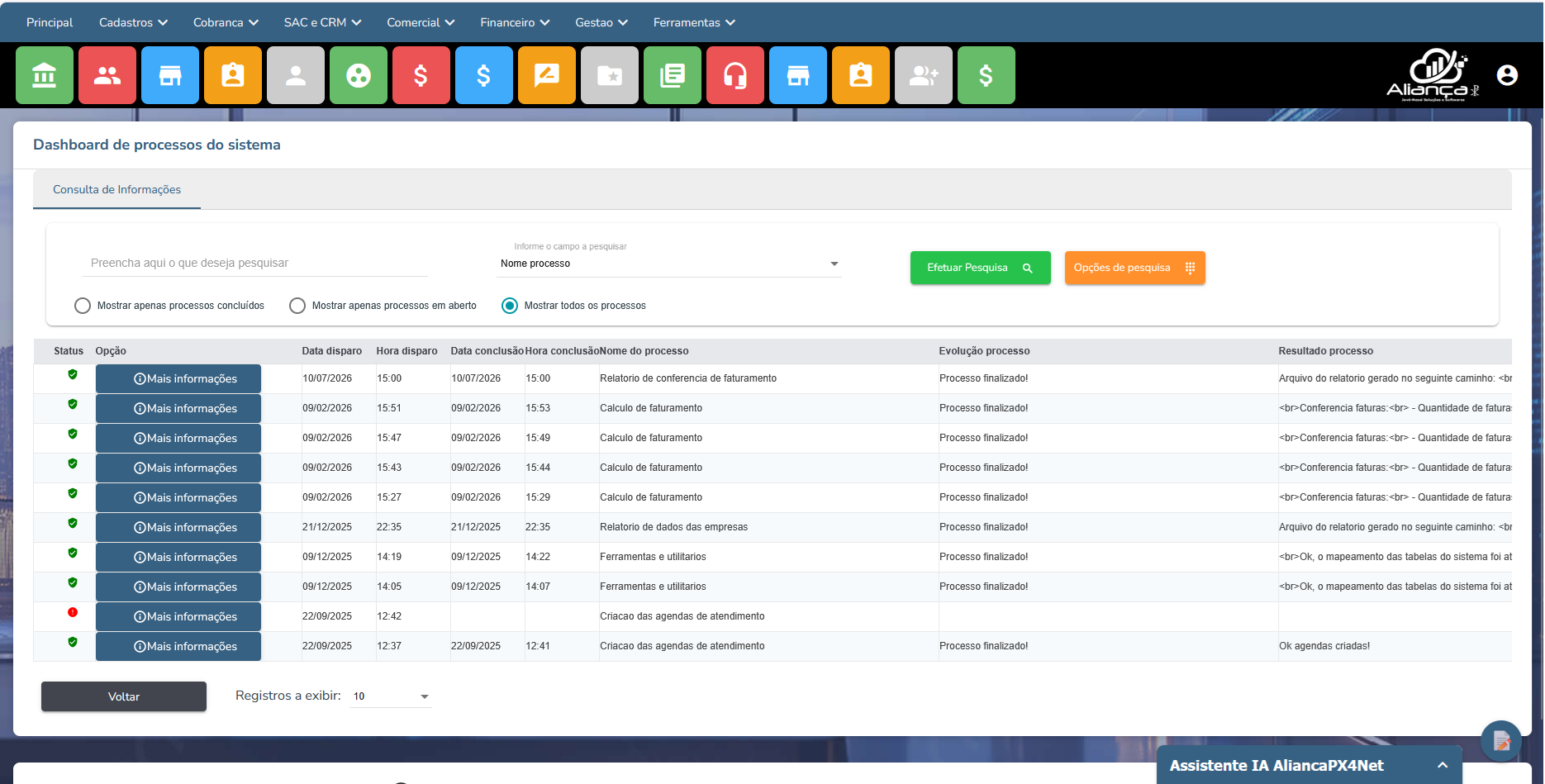 Painel de dashboards e processos — sistema de gestão de planos odontológicos